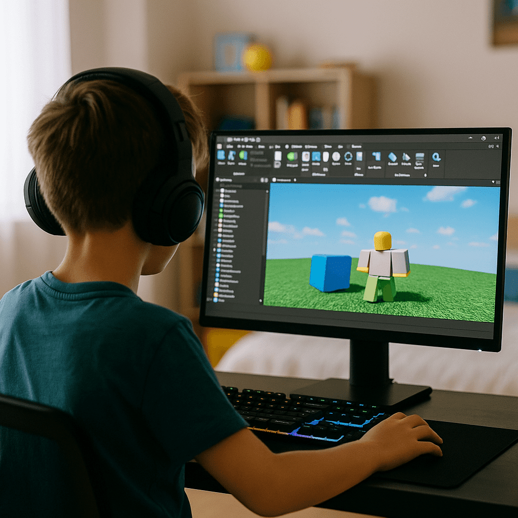 Joven programando en Roblox Studio y preparándose para estudios para futuros universitarios